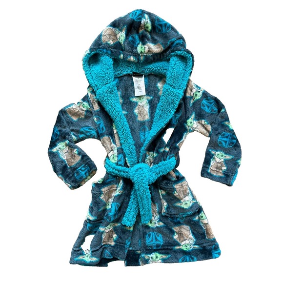 Star Wars bath robe with belt tie blue baby Yoda fleece/sherpa Size 4T - Picture 1 of 5